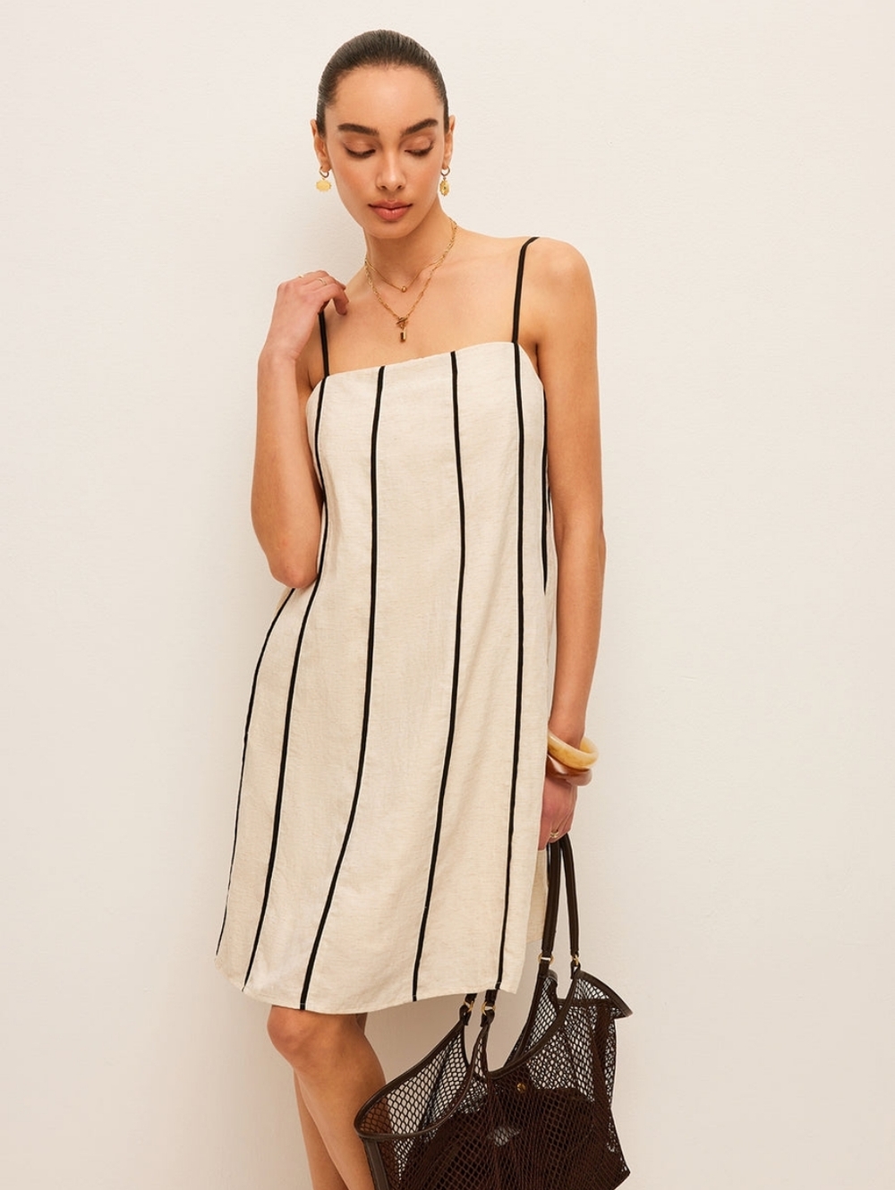 SOLD Commense NWT Cotton Linen Striped Dress Cream Black Piping w/ Pockets Large